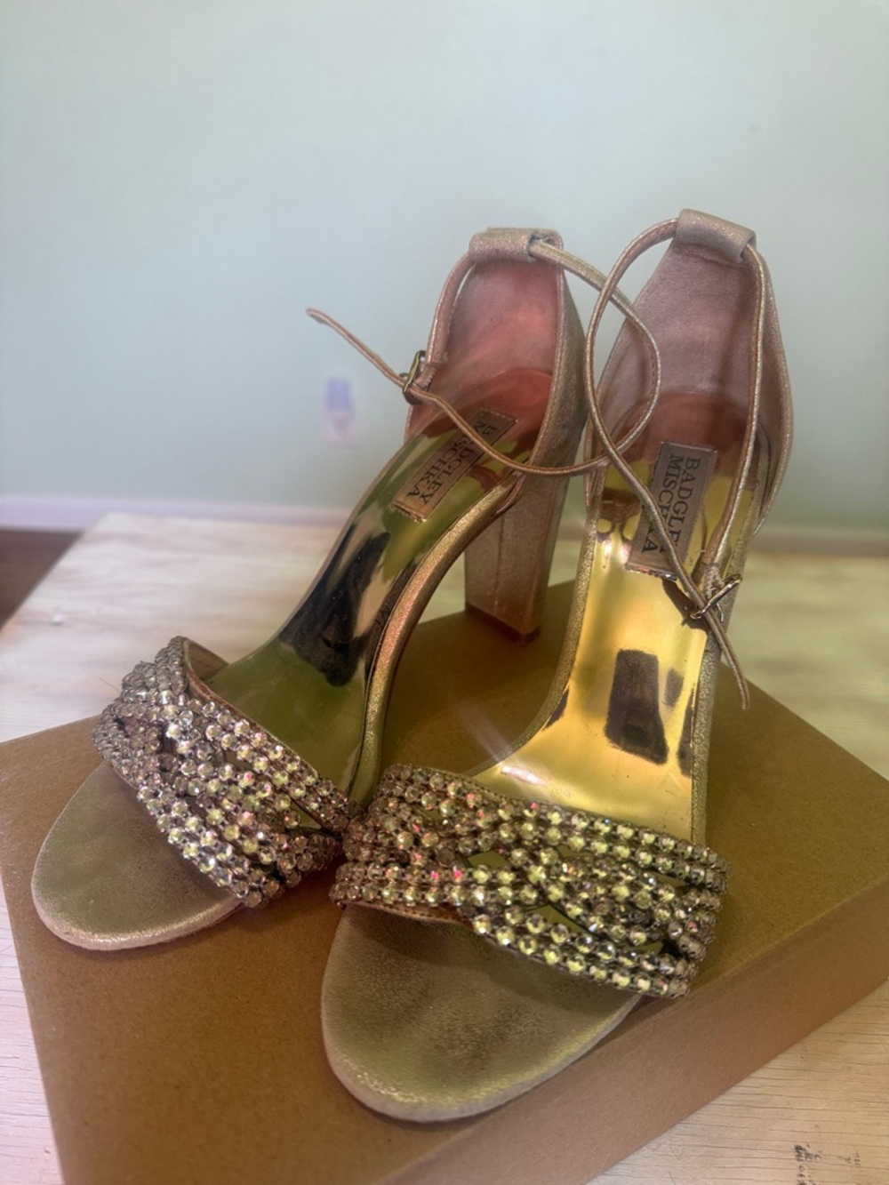 Badgley Mischka Rose Gold Crystal-Strap Ankle-Tie Heels